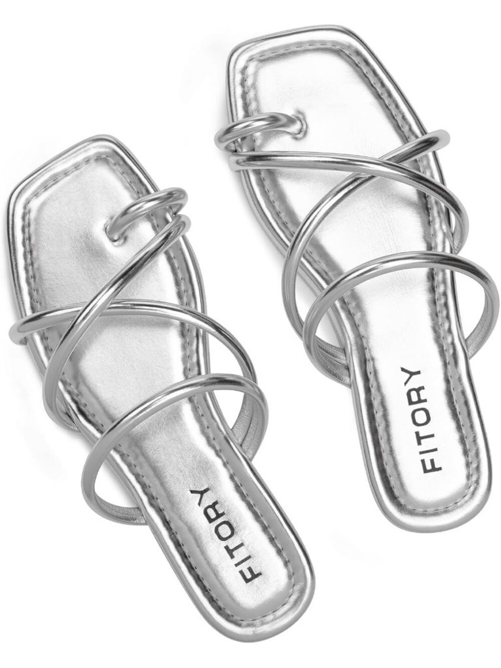 Womens Silver Flat Toe Ring Thongs Cross Strap Polyurethane Slide Sandals